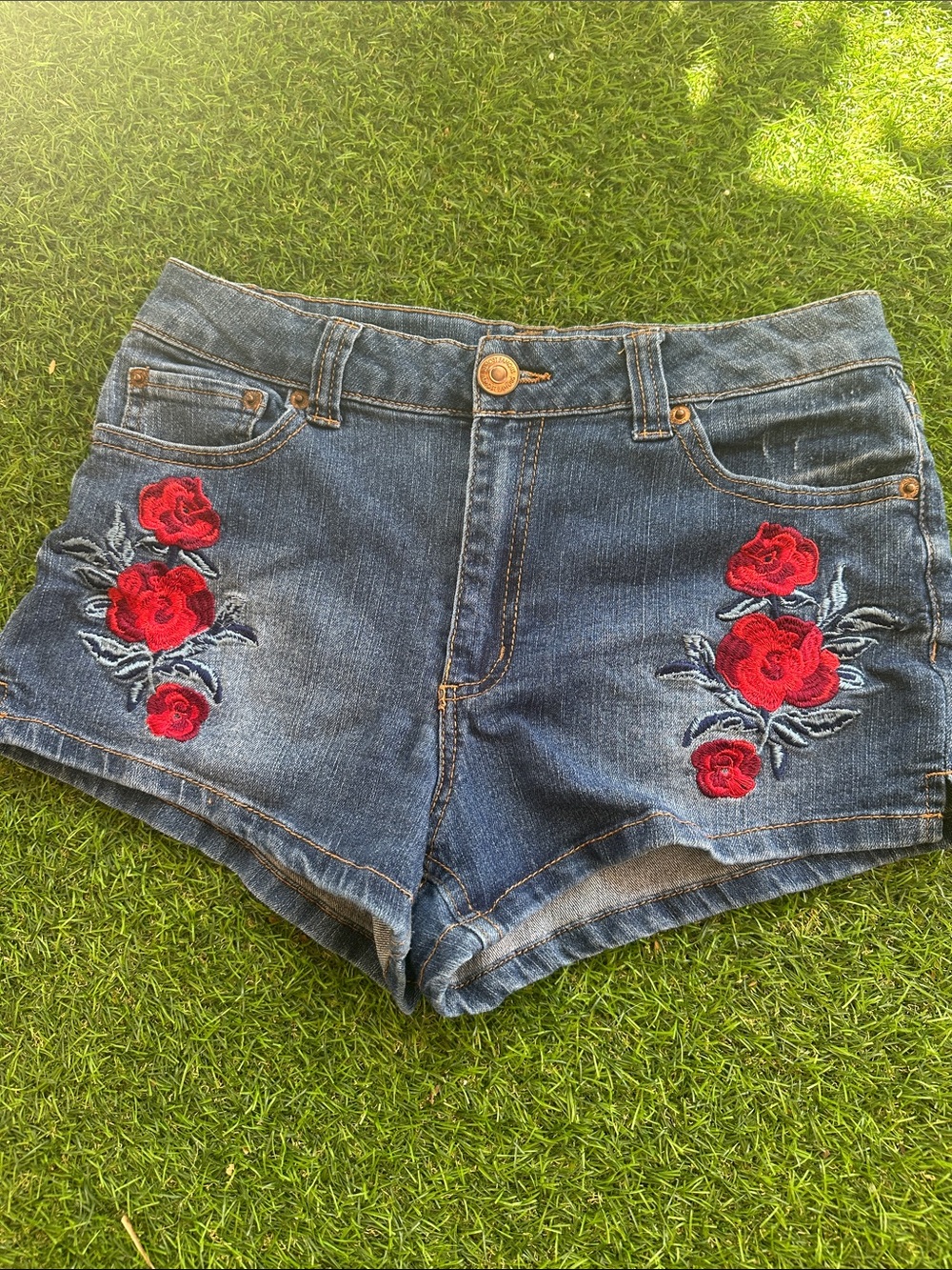 Almost Famous Blue Denim Shorts with Red Rose Embroidery